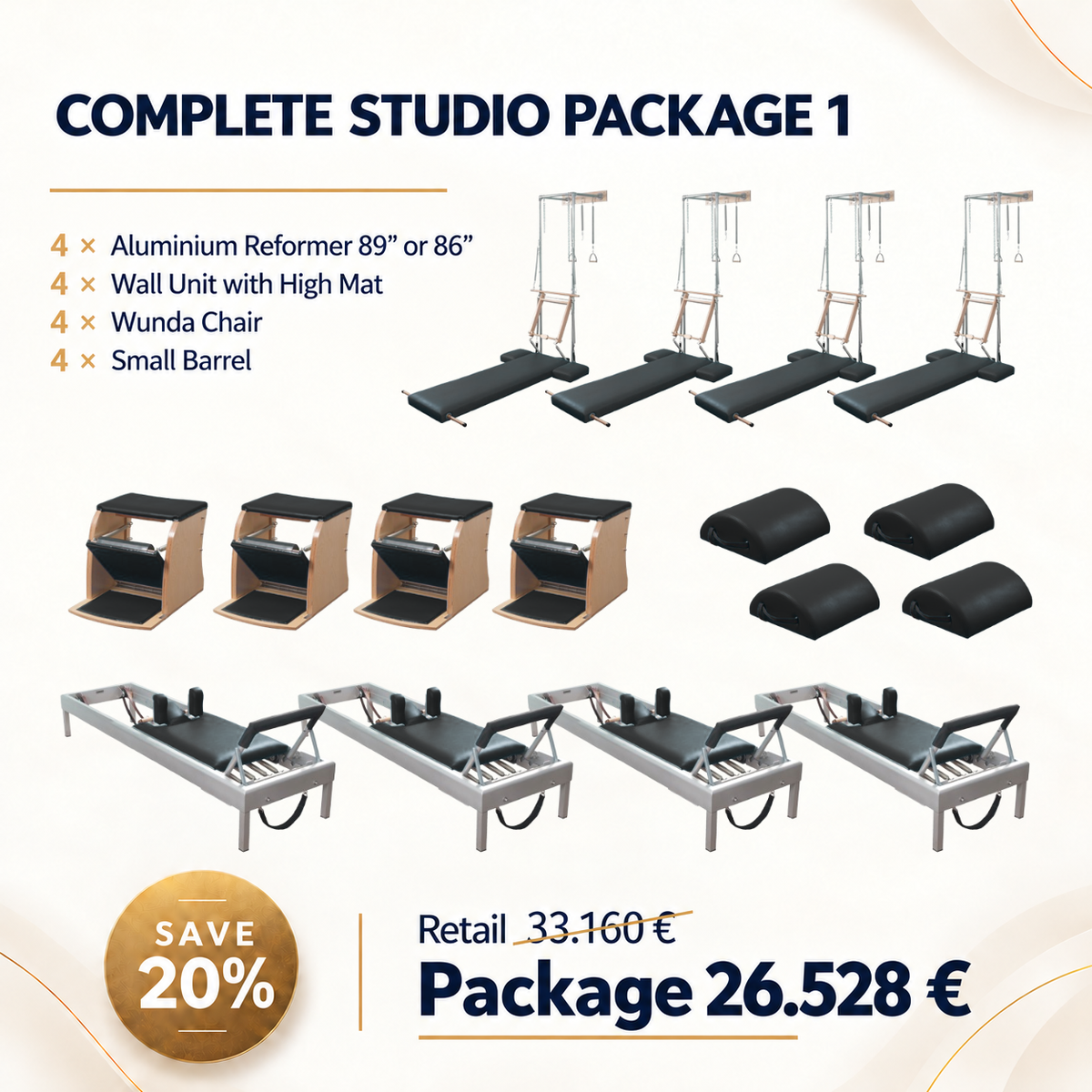 ARREGON® Original Pilates equipment complete studio package with mats, resistance bands, and accessories for professional Pilates training.