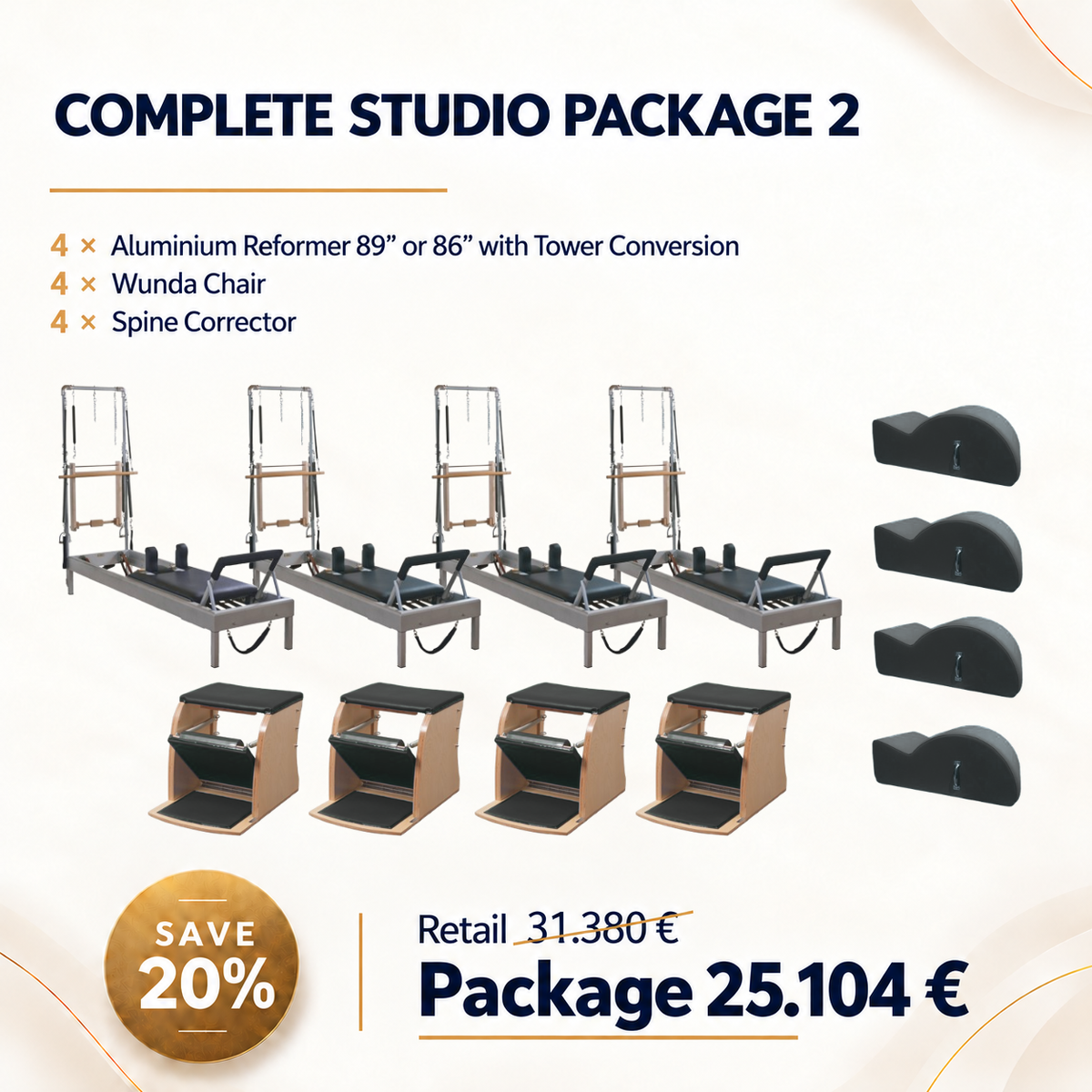 ARREGON® Original Pilates equipment set featuring mats, resistance bands, and accessories for complete studio workouts.
